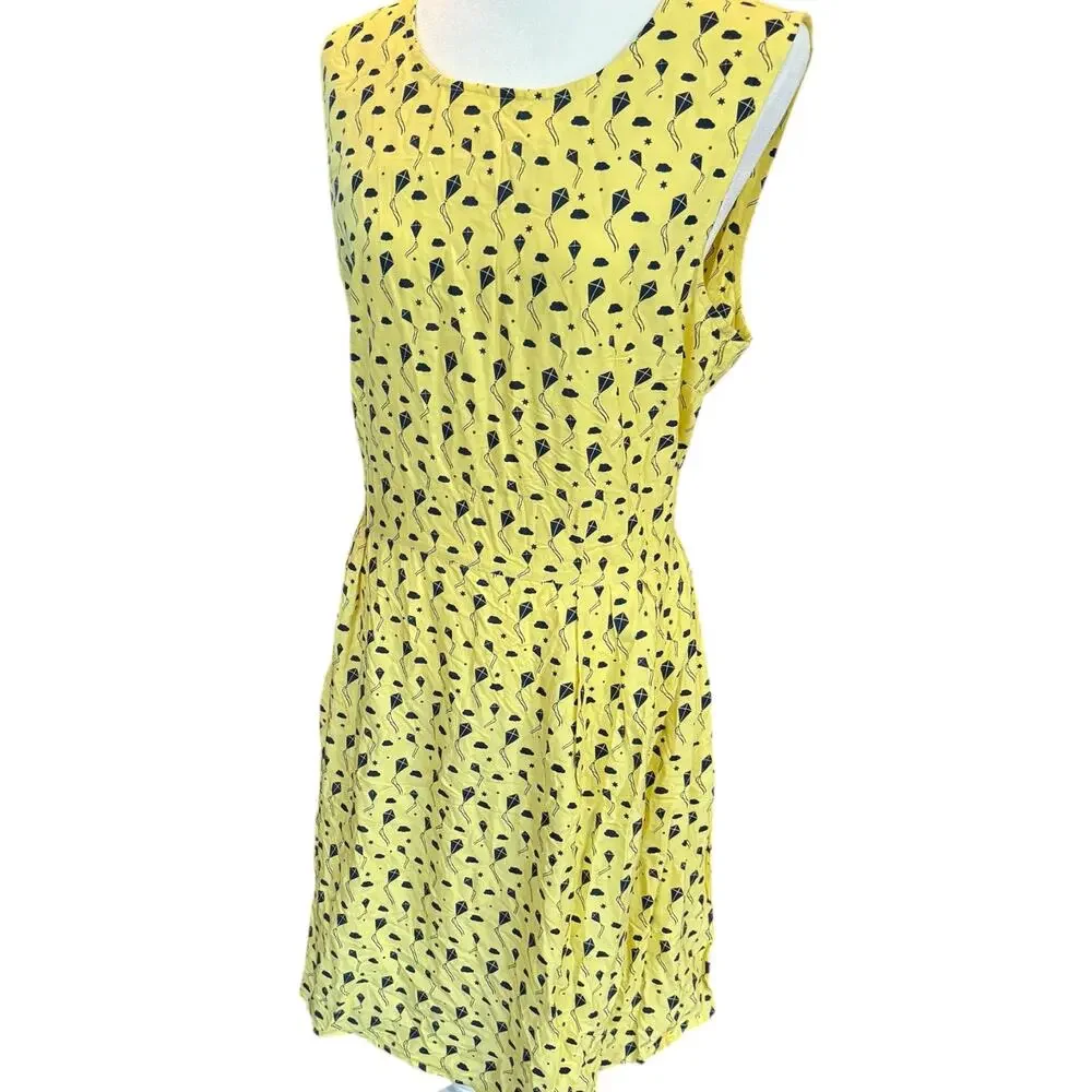 Circus Yellow Kite Print Sleeveless Dress 100% Rayon Made in India UK 20